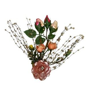 VTG Floral Arrangement‎ Roses Pearl Beads Decorative Bouquet Display Handcrafted